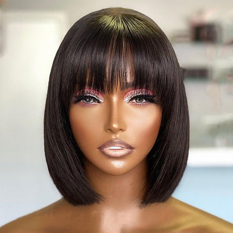 Short Straight Hair Bob Wigs Brazilian Human Hair Wig With Bangs Remy Full Machine Made Wig for Women Non Lace Glueless Bob Wig
