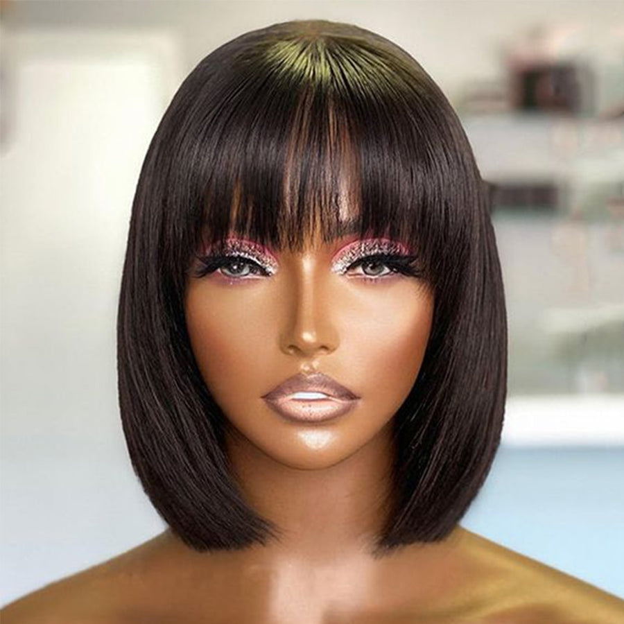 Short Straight Hair Bob Wigs Brazilian Human Hair Wig With Bangs Remy Full Machine Made Wig for Women Non Lace Glueless Bob Wig