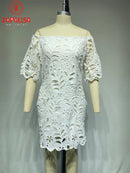 Elegant Women Solid Color Pencil Dress Hollow Out Design Lace Decor See Through Slash Neck Half Sleeve Slim Mini Dress