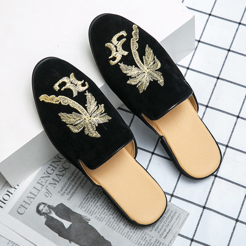 Embroidery Men's Mule Leather Half Shoes For Men Loafers Slippers Backless Casual Shoes Mules Sandals Outdoor Man Slides