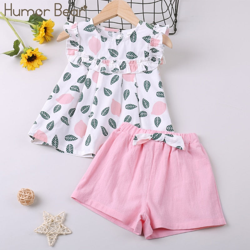 Humor Bear Girl Clothes Sets 2Pcs Fashion Navy Short Sleeve +Pleated Skirt Kids Clothes Suit Cute Toddler Clothes