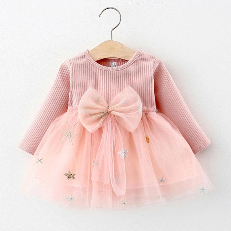 Melario Baby Girls Dress Cute Bow Mesh Newborn Dress Long Sleeved Princess Dresses For Girl Toddler Kids Dress