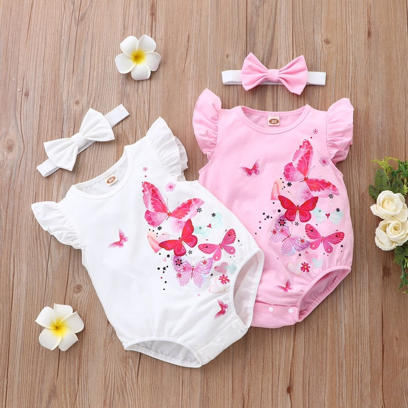 Baby Clothes Butterfly Print Flying Sleeve Cotton Baby Bodysuits headband Baby Girl Clothes Baby Romper 0 18M