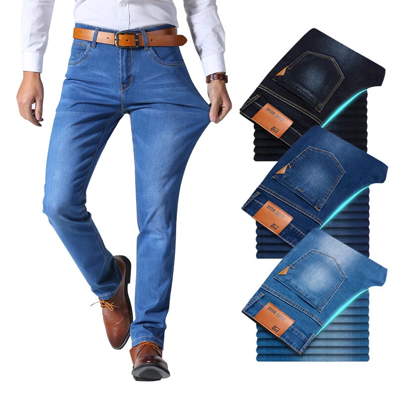 Summer Men Thin Loose Straight Jeans Classic Style Business Casual High  Stretch Denim Pants Light Blue Dark Blue Brand Trousers