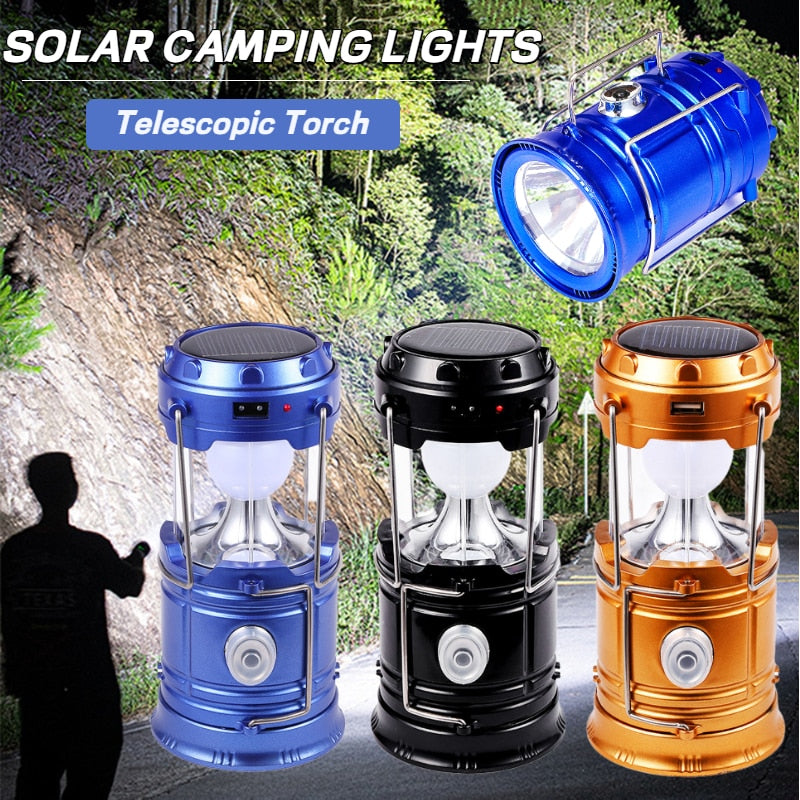 Solar LED Portable Lantern Tent Lamp Telescopic Torch Waterproof Camping Light Waterproof Emergency Flashlight  Working Lighting