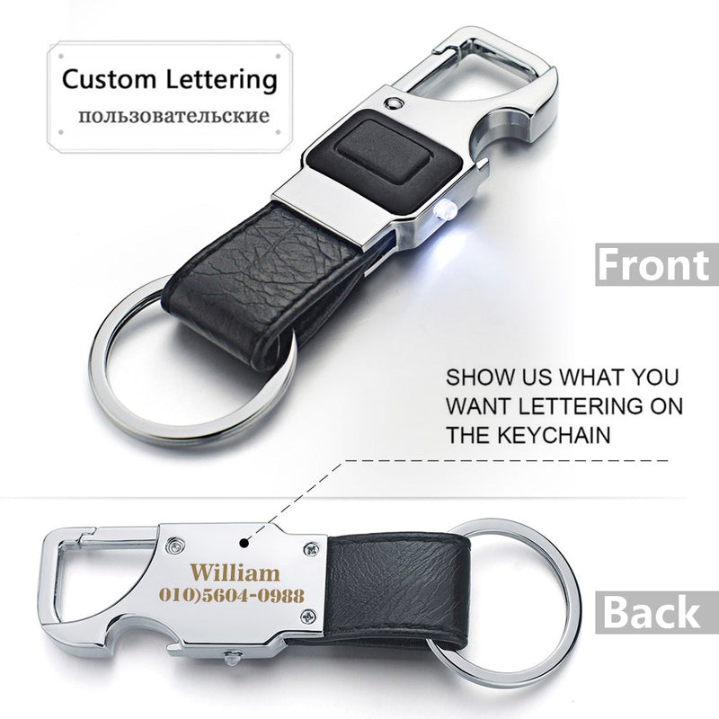 Dalaful Custom Lettering Keychain LED Lights Lamp Beer Opener Bottle Multifunctional Leather Men Car Key Chain Ring Holder K355