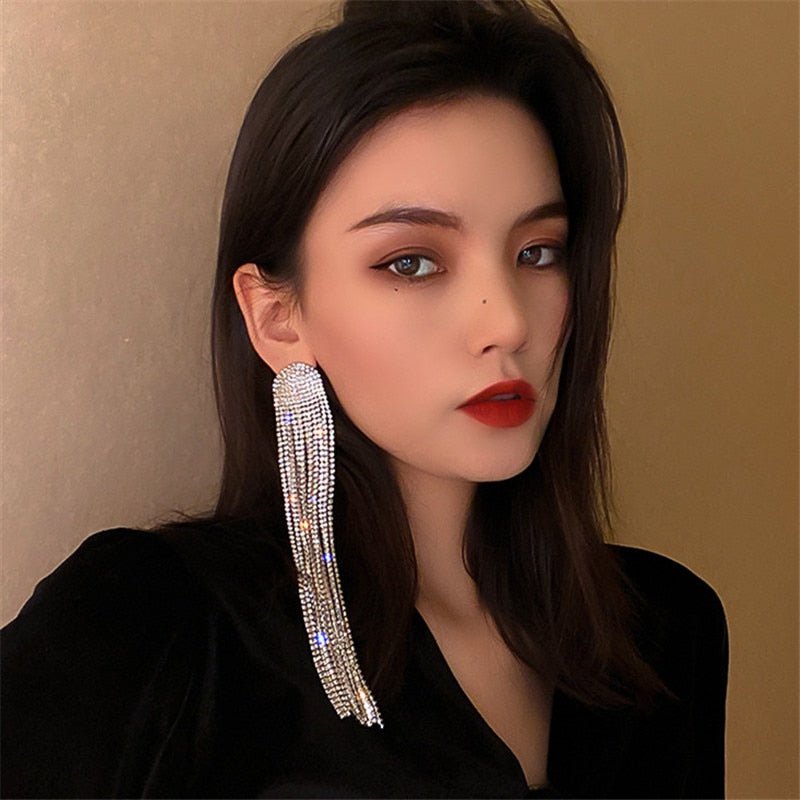 FYUAN Long Tassel Full Rhinestone Drop Earrings for Women Oversize Crystal Dangle Earrings Fashion Jewelry Accessories