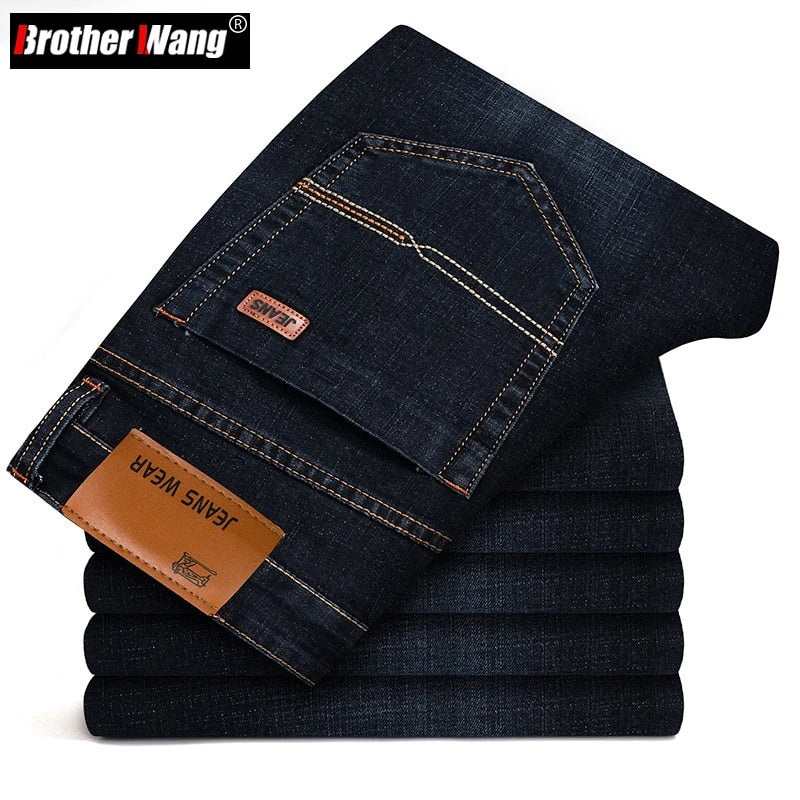 Men's Fashion Business Jeans Classic Style Casual Stretch Slim Jean Pants Male Brand Denim Trousers Black Blue