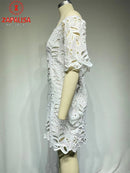 Elegant Women Solid Color Pencil Dress Hollow Out Design Lace Decor See Through Slash Neck Half Sleeve Slim Mini Dress