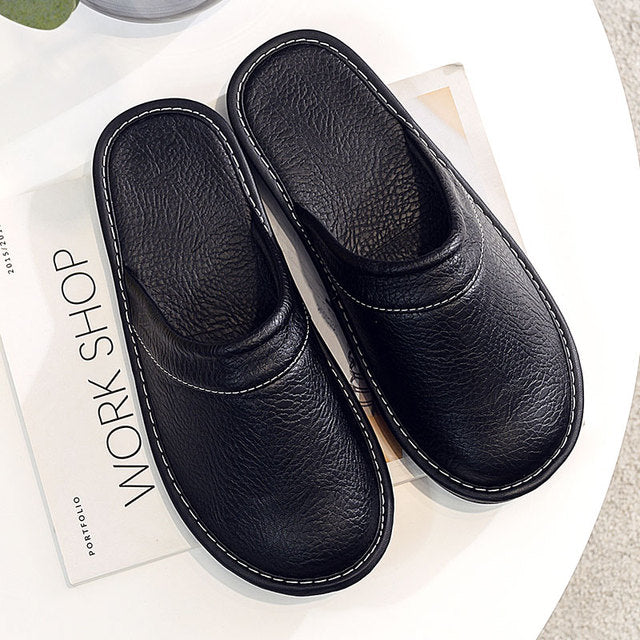 Luxury Cow Split Leather Handmade Men Home Slippers Slip On Soft Comfortable Black Brown Bedroom Indoor Flat Men Shoes