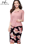 Nice-forever Print Floral Patchwork Button Casual Dress Business Three Quarter Zip Back Bodycon Office Dress b288