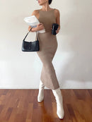 Women Sling Print Long Dress Female Fashion Boho V Neck Hollow Out Sleeveless Ruffle Hem Split Maxi Sundress