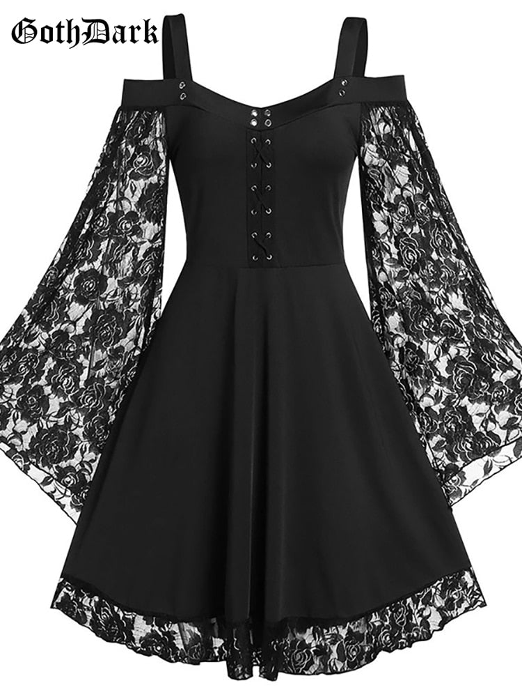 Goth Dark Gothic Aesthetic Vintage Women Dresses Grunge Lace Patchwork Flare Sleeve Black A-line Dress Punk Partywear