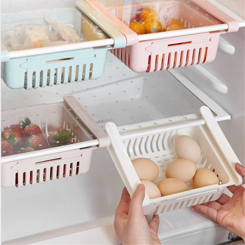 Adjustable Stretchable Refrigerator Storage Rack Kitchen Fridge Freezer Shelf Holder Pull-Out Drawer Organizer Basket Multicolor