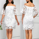 Elegant Women Solid Color Pencil Dress Hollow Out Design Lace Decor See Through Slash Neck Half Sleeve Slim Mini Dress