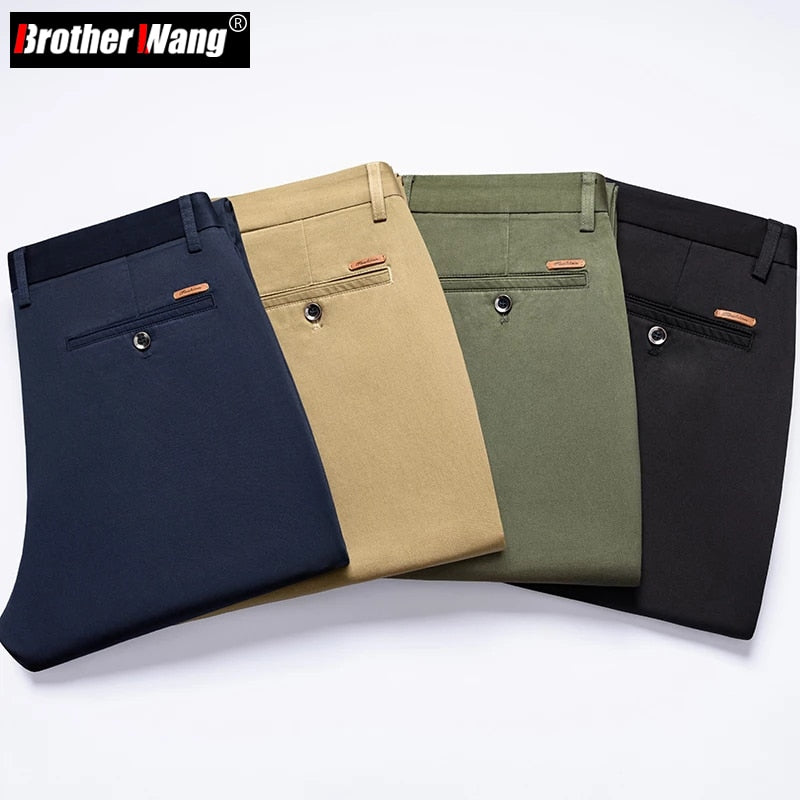 New Men's Cotton Straight Casual Pants Business Fashion Solid Color Elasticity Khaki Trousers Male Brand Green