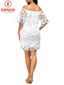 Elegant Women Solid Color Pencil Dress Hollow Out Design Lace Decor See Through Slash Neck Half Sleeve Slim Mini Dress