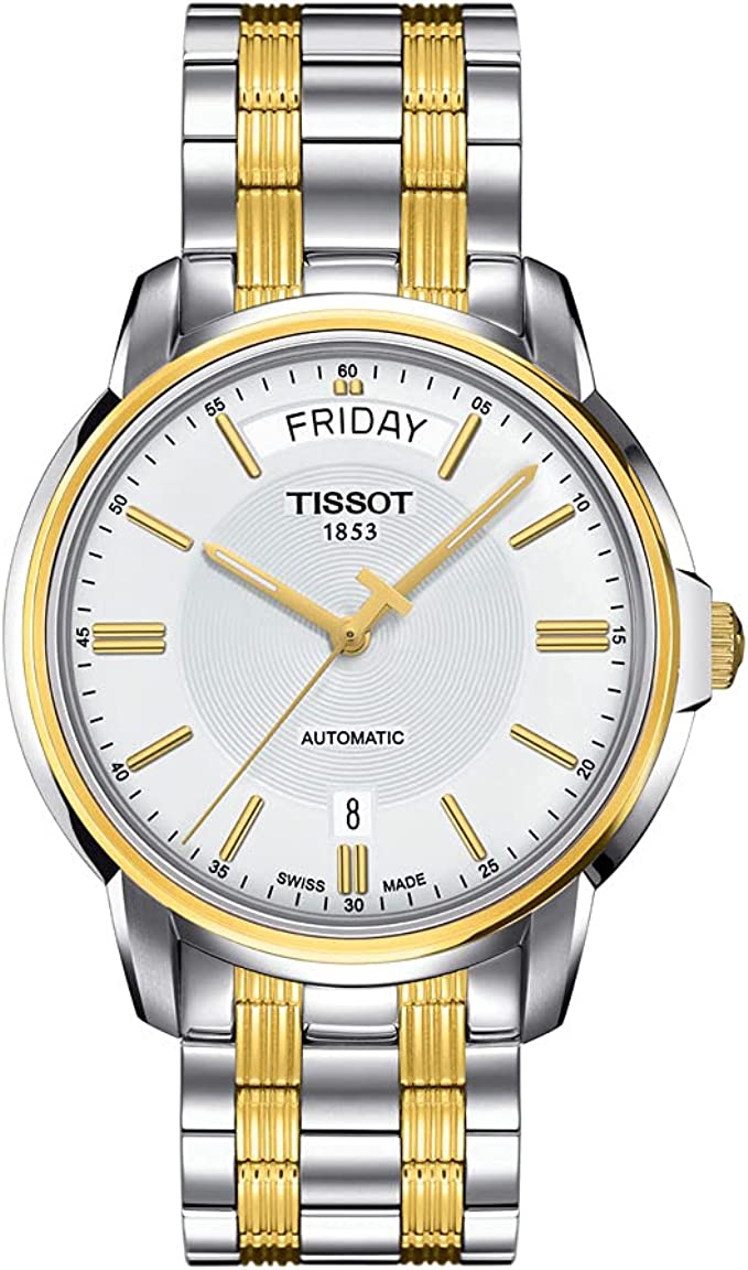 Tissot Men's Automatics III Day Date 316L Stainless Steel case with Yellow Gold PVD Coating Swiss Watch Strap, Grey, 19 (Model: T0659302203100)
