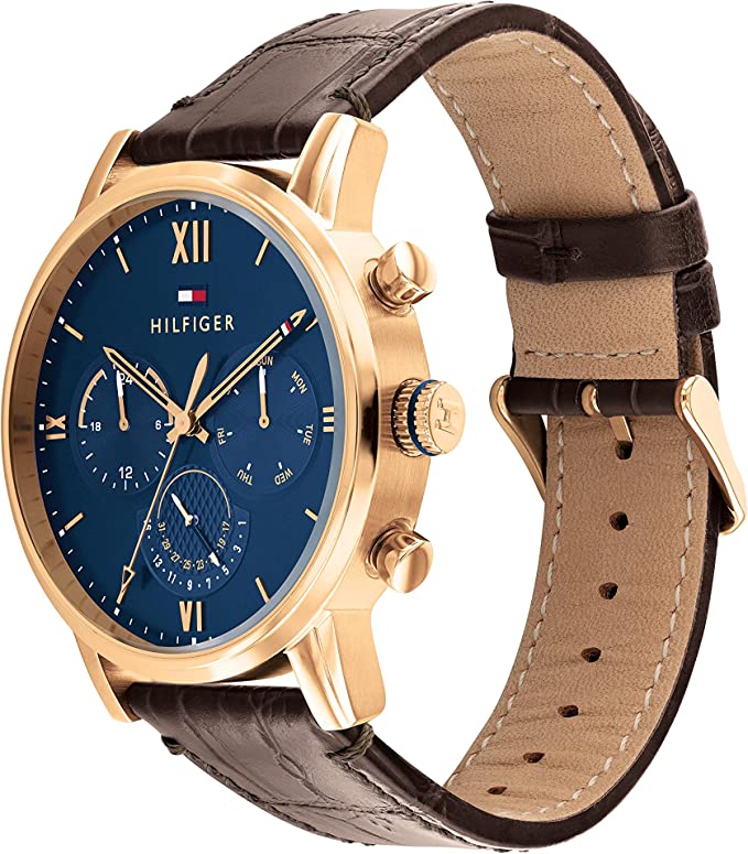 Tommy Hilfiger Men's Quartz Stainless Steel and Leather Strap Watch, Color: Navy